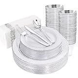 PULOTE 175PCS Silver Plastic Plates & Silver disposable Plates - Include 50 Plates, 25 Knives, 25 Sp