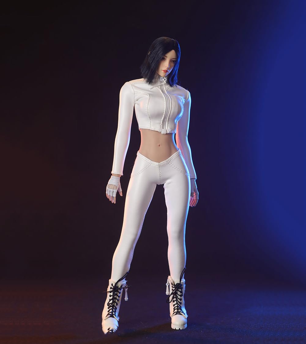 Fremego 1/6 Scale Female Clothes,Female Leather Jacket Pants Clothes Set Zipper Coat Trousers Locomotive Suit for 12inch PH TBL JO Action Figure (White)