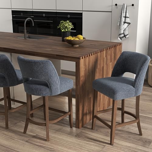 Image of VKNOW Bar Stools Set of 4, 26 inch Upholstered Counter Height Bar Stools, Modern Counter Stools with Wood Legs for Kitchen Island Dining Room Bar, Navy Blue