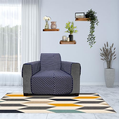 Image of DREAM KING 3 Layers 300 GSM Waterproof Reversible Sofa Cover Single Seater with Pockets | Dust Protective Soft Fabric Sofa Seat Cover Navy Blue & Grey