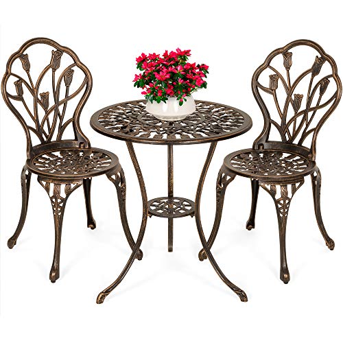 Best Choice Products 3-Piece Outdoor Rust-Resistant Cast Aluminum Patio Bistro Set w/Tulip Design, Antique Finish – Copper