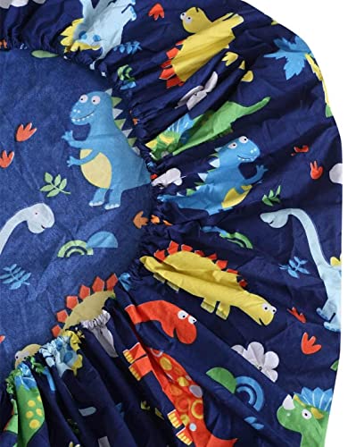Image of Kids Dinosaurs Design Queen Size Elastic Fitted Bedsheet for Kids Room, Bedroom, Living Room, 90x100 inches, Set of 1 pc of Bedsheet & 2 Pillow Covers, Blue
