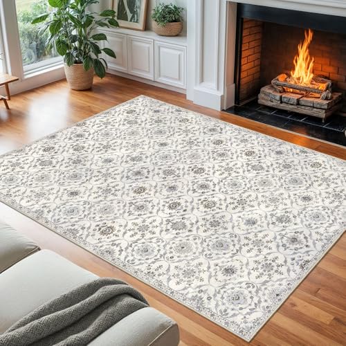 KILOCOCO 8x10 Area Rug, Moroccan Super Soft Washable Living Room Vintage Floral Rug, Non-Slip Large Print Faux Wool Throw Indoor Rug for Playroom Bedroom Office Carpet, Cream Beige Grey
