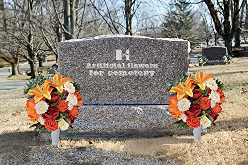 Henomo Artificial Cemetery Flower With Vase For Headstone, Outdoor Grave Decoration，Florist-Arranged Memorial Bouquet:orange Rose And White Mum Mix,Easy Fit #TOP5