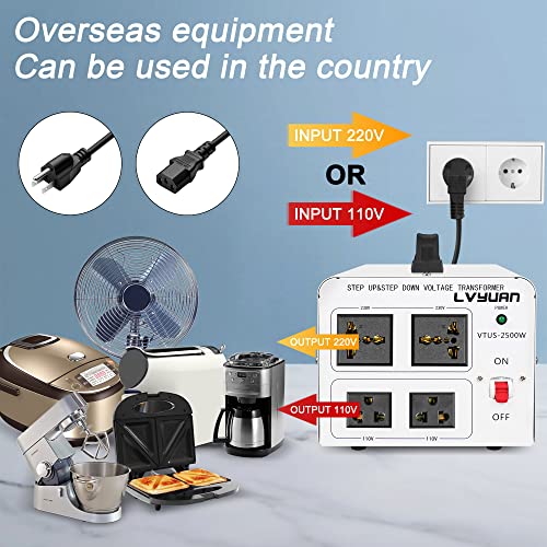Image of LVYUAN 2500W Step Up & Down Voltage Transformer 110 /120V to 220 /240V | 4 multi-socket(2US+2Universal), resettable MCB breaker, 8-fold safety shield, pure copper toroidal coil,CE&FCC certified