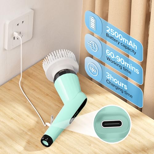 Image of Dreazu Electric Spin Scrubber, IPX7 Electric Cleaning Brush with 7 Replaceable Brush Heads & Retractable Handle, 2-Speed Adjustable Spin Scrubber for Bathroom, Bathtub, Kitchen, Tile Floors