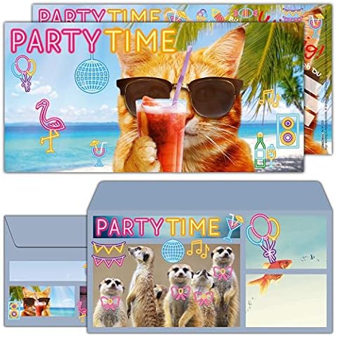 12er Set Party-Katze Einladungskarten mit Umschlag zum Kindergeburtstag oder Party Cover