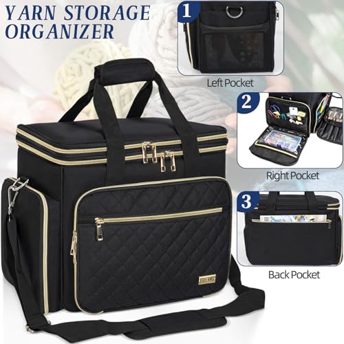 FREEAMG Knitting Bag Yarn Storage Tote, Large Crochet Organizer Bag, Yarn Holder Case for Knitting Needles, Knitting Project Bag with Inner Divider for Knitting Accessories, Crochet Hooks, Black by FREEAMG - Image 5