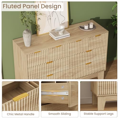 Image of Garvee 8 Drawer Dresser for Bedroom, 47 inch Wide Fluted Chest of Drawers with Metal Handle, Modern Wooden Dresser TV Stand, Clothes Storage Organizer Wood Closet for Hallway, Entryway, Natural Oak