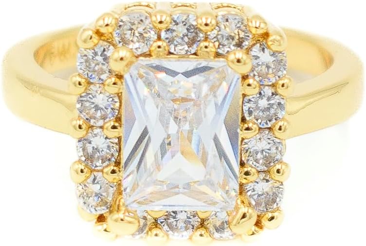 Beautiful Rectangle Emerald Cut Cubic Zirconia CZ Halo Engagement Anniversary Ring, 18k Yellow Gold Filled Plated, Size 6