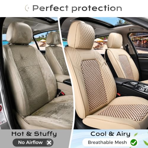 Image of Coverado Seat Covers Full Set, 5 Seats Universal Seat Covers for Cars, Beige Car Seat Covers Front Seats Back Seat Cover, Breathable Car Seat Cushion, Leather Seat Cover Seat Protector Fit Most Cars