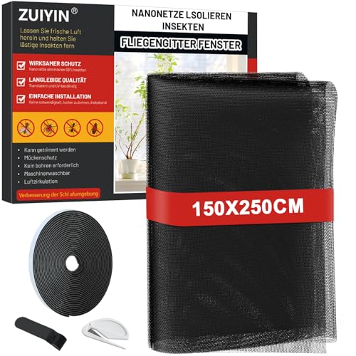 ZUIYIN Fliegengitter Fenster 150x250 cm, Insektenschutz Fenster ohne Bohren, Fliegennetz mit Upgrade 2.0 Klettband, Mückennetz Fenster, Fenstergitter Insektenschutz Schwarz