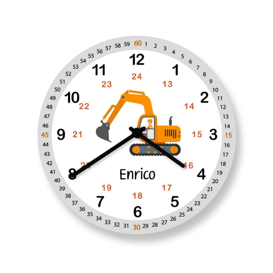 Kinderzimmeruhr Bagger Wanduhr Kinder Lernuhr personalisiertes Geschenk