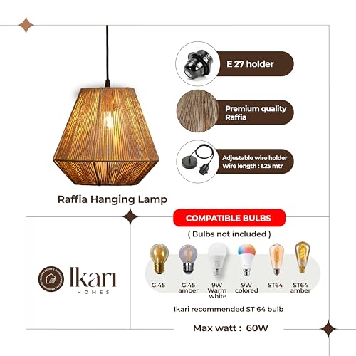 Image of Ikari Homes Raffia Pendant Light I Rattan Pendant Lamp I Best use for Outdoor, Restaurants & Indoor I Home Decor Lamps I Beize Color Ceiling Light Boho Lamp I Warm Glow I Big Size 9 x 10 in