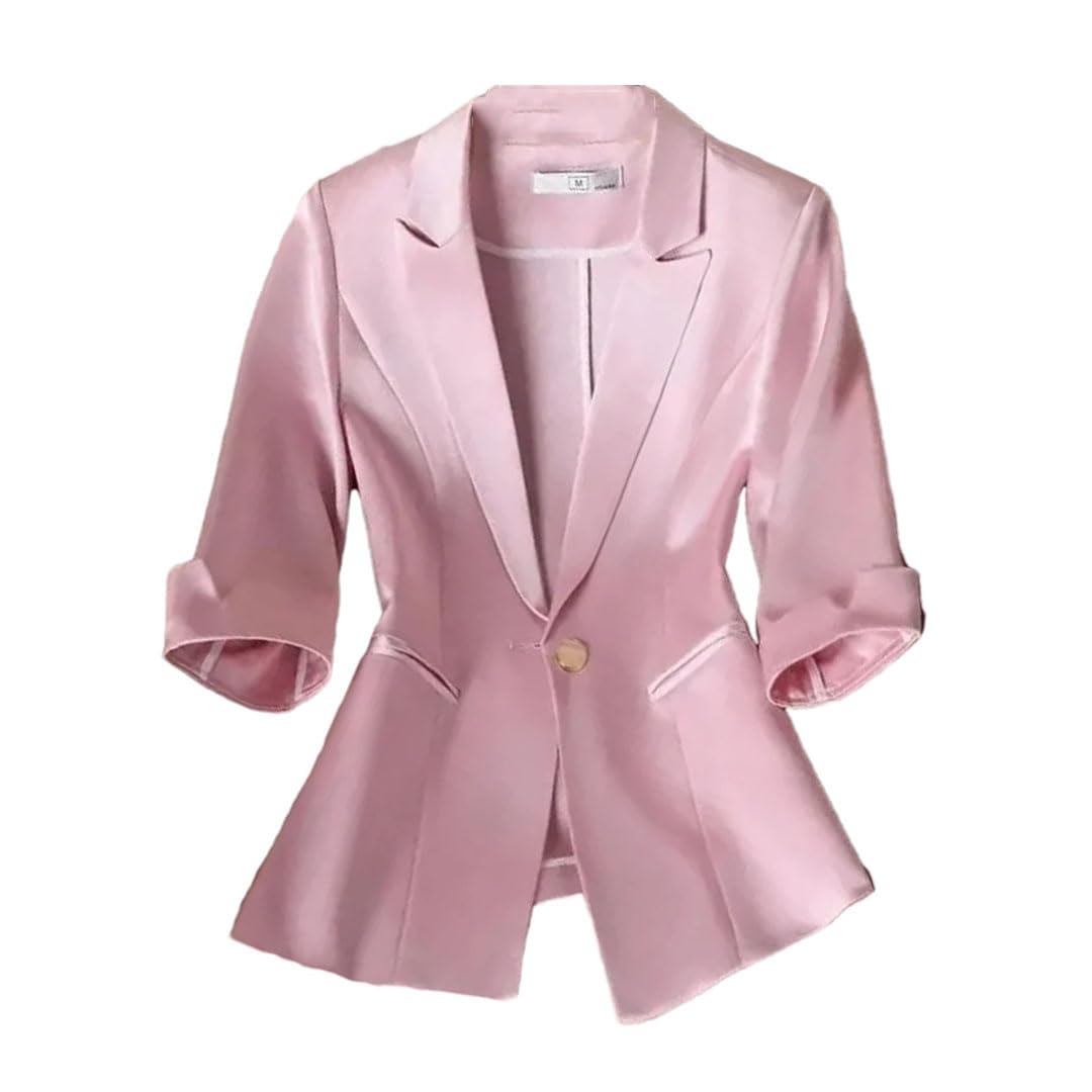 Womens Elastic Satin Slim Waist Suit Summer Jacket Slim Fit Three Quarter Sleeve Professional Blazer Coat pnnrk M