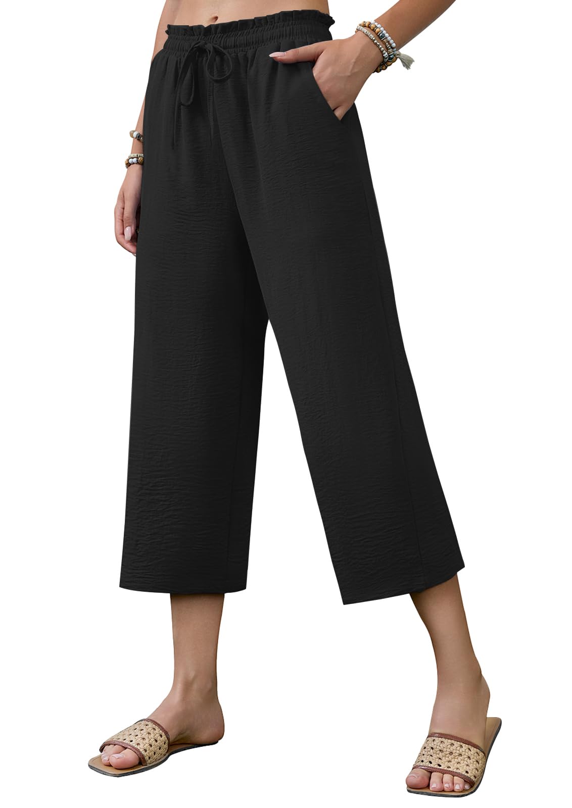 Womens Capri Pants Wide Leg High Waisted Casual Lounge Pant Loose Drawstring Beach Palazzo Trousers with Pockets