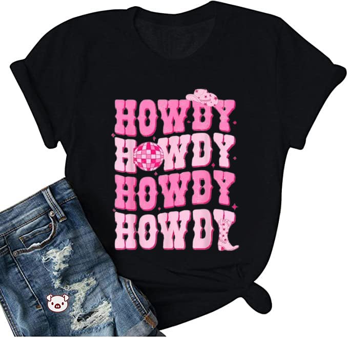 COLORFUL BLINGCowgirl Shirt for Women Howdy Letter Print T Shirts Vintage Western Cowboy Hat Graphic Tee
