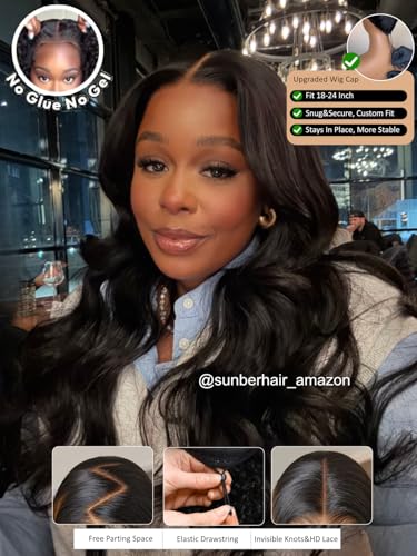 Image of Sunber Body Wave Human Hair Lace Frontal Glueless Wig 13x4 Pre Everything Pre Cut Lace Front Drawstring Wig Bye Bye Knots Pre Plucked with Baby Hair 150% Density 20Inch Pull Go Wigs