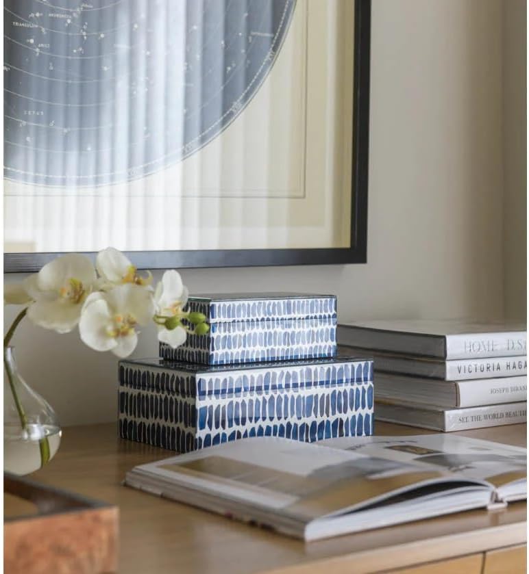 Alice Lane Indigo Brushstroke Box – Bold Design – Black Sleek Interior – Stow Luxury Accessories – Living Room – Kitchen – Walk-In Closet – Cocktail Table (Large)