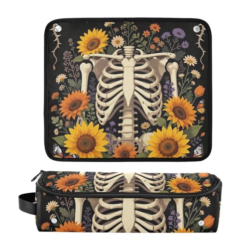 2-in-1 Curling Iron Travel Case and Heat Resistant Mat with Zipper Portable Hair Styling Tool Organizer for Flat Irons, Straighteners, Curling Irons, Skeleton Ribcage Wildflower Flowers Goth miniatura 3