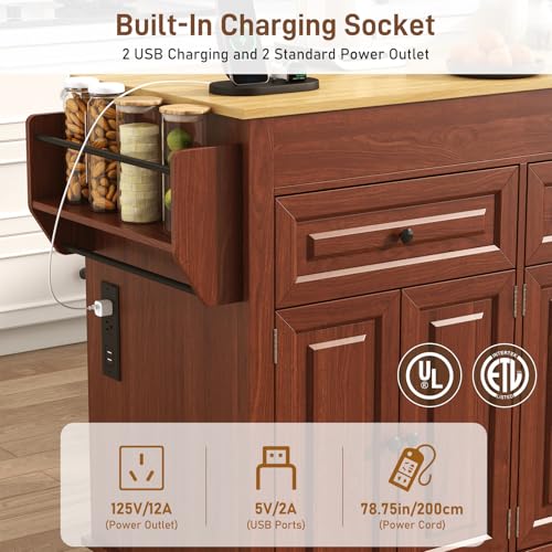 80\"-48\" Extendable Kitchen Island with Extended Dining Table and Power Outlet,Large Mobile Kitchen Storage Islands with 2 Storage Drawers,Rolling Islands Cart with 3 Extra Rows Open Shelves(Brown)