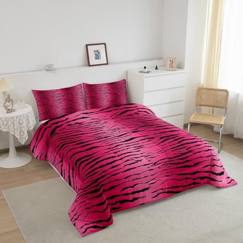 Image of Feelyou Girls Pink Black Kids Comforter King, Zebra Stripes Comforter Set for Boys Girls Safari Animal Print Bedding Set Zoo Animal Fur Print Duvet Set with 2 Pillow Case