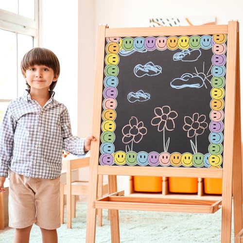 Image of Whaline 32.8 Ft Boho Happy Face Bulletin Board Border Pastel Color Smile Face Die Cut Trim Border Roll for Classroom Chalkboard Back to School Decor