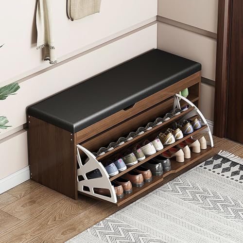 Banco de almacenamiento de zapatos de 3 niveles con cojín acolchado, de madera para entrada, pasillo y dormitorio, elegante baúl de almacenamiento marrón (80 cm)