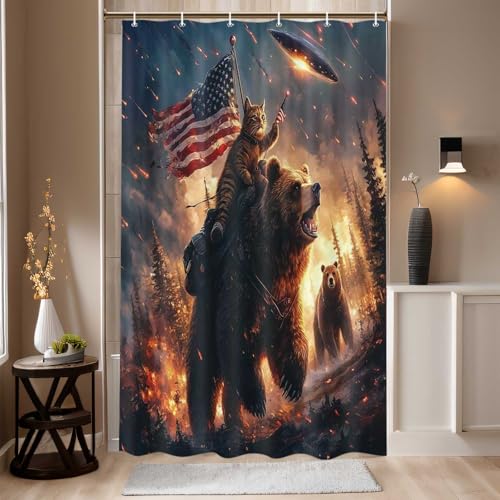 Image of Funny Bear Shower Curtain Boys, Cool Cat Riding Bear on Rustic Cabin Forest Woodland Hilarious Shower Curtains, Funky Anime UFO Spaceship Animal Kids Men Boys Decor with Hooks, 47X64IN