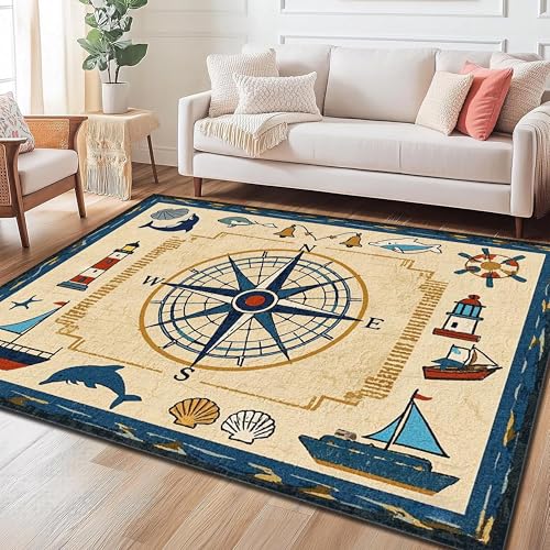 Image of Nautical Compass Washable Area Rug 3x5ft,Soft Maritime Navigation Carpet for Bedroom,Brown Vintage Nautical Lover's Living Room Rugs,Cute Cartoon Animal Themed Non Slip Mat for Kitchen Office