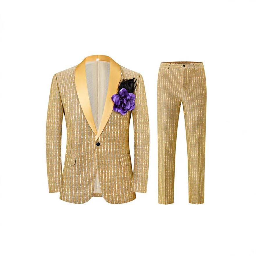 Men Slim Fit Sequins Dress Suit Host Stage Show Suit Single-Button Blazer and Trousers Gray XL2