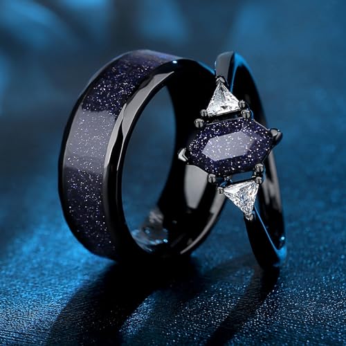 Personalized Engraved Blue Sandstone Couple Rings - Custom Pear Cut, Kite Cut, Hexagon Cut Engagement and Promise Sets3