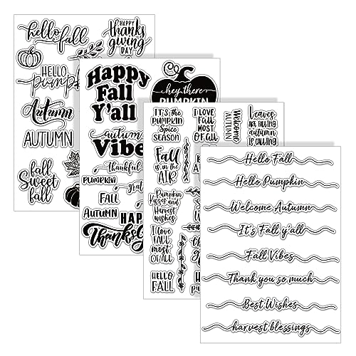 Whaline 4 Sheet Fall Thanksgiving Words Clear Stamps Greeting Words Pumpkin Maple Leaves Silicone Transparent Stamps Happy Fall Stamp Cards for DIY Craft Card Making Scrapbooking Embossing Album Decor