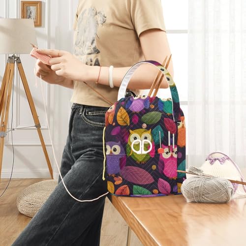 Image of ElliTarr Crochet Bag Yarn Bag with Handle Portable Knitting Project Bag Travel Yarn Storage Organizer Holder Case Black Owl and Leaves