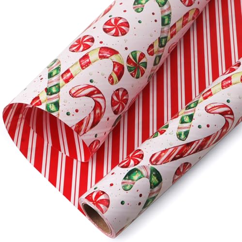 Ribbli Christmas Wrapping Paper Mini Roll Reversible Christmas Candy Cane and Stripe Gift Wrapping Paper Rolls Holiday Presents Decoration-17 Inch x 33 Feet
