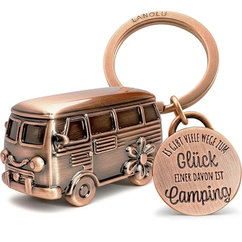 LANOLU Schlüsselanhänger Camping Glück, Wohnwagen Geschenk, Wohnmobil Geschenk für das Camping und für Camper, 3D Anhänger- Wohnwagen Zubehör aus Metall