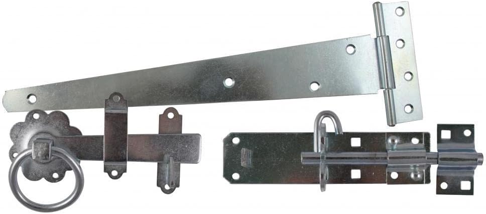TIMCO Side Gate Kit Medium Tee Hinges Ring Latch & Brenton Padbolt Silver - 18"
