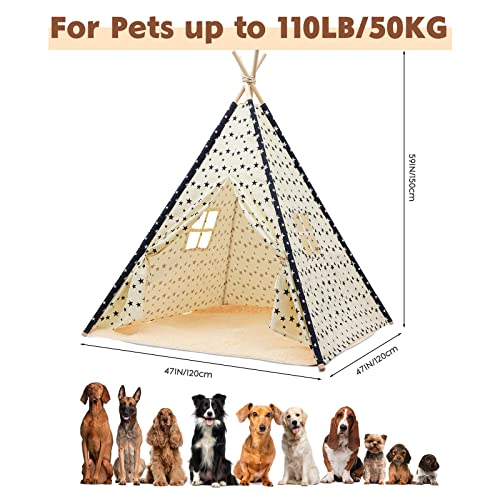 Pet Teepee Tent With Mat For Large Dogs Cats Portable Dog(Puppies) House Indoor Outdoor (Star （Retro）) #TOP1