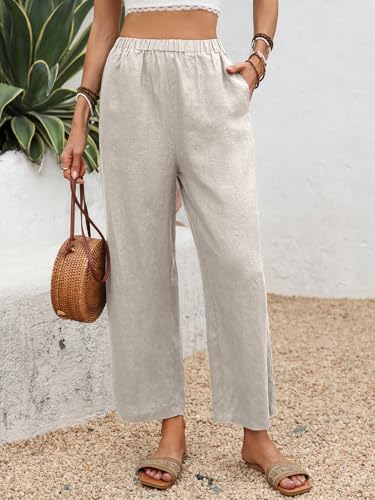 Women's Pure Linen Cropped Pants with 4 Pockets Capri Wide Leg Trousers 100% Linen Loose Fit4