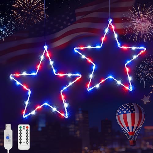 Luxspire 4th of July Decorations Star Window Lights with 45 LEDs USB Powered Red White and Blue Lights with Remote 8 Modes & Timer for Independence Labor Memorial Day Home Decor 2 Pack
