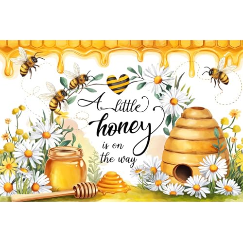 YongFoto A Little Honey is on The Way Backdrop 5x3ft Yellow Honeycomb Beehive Daisy Flowers Photography Background Baby Shower Pregnancy Reveal Welcome New Baby Party Banner Photoshoot Wallpaper