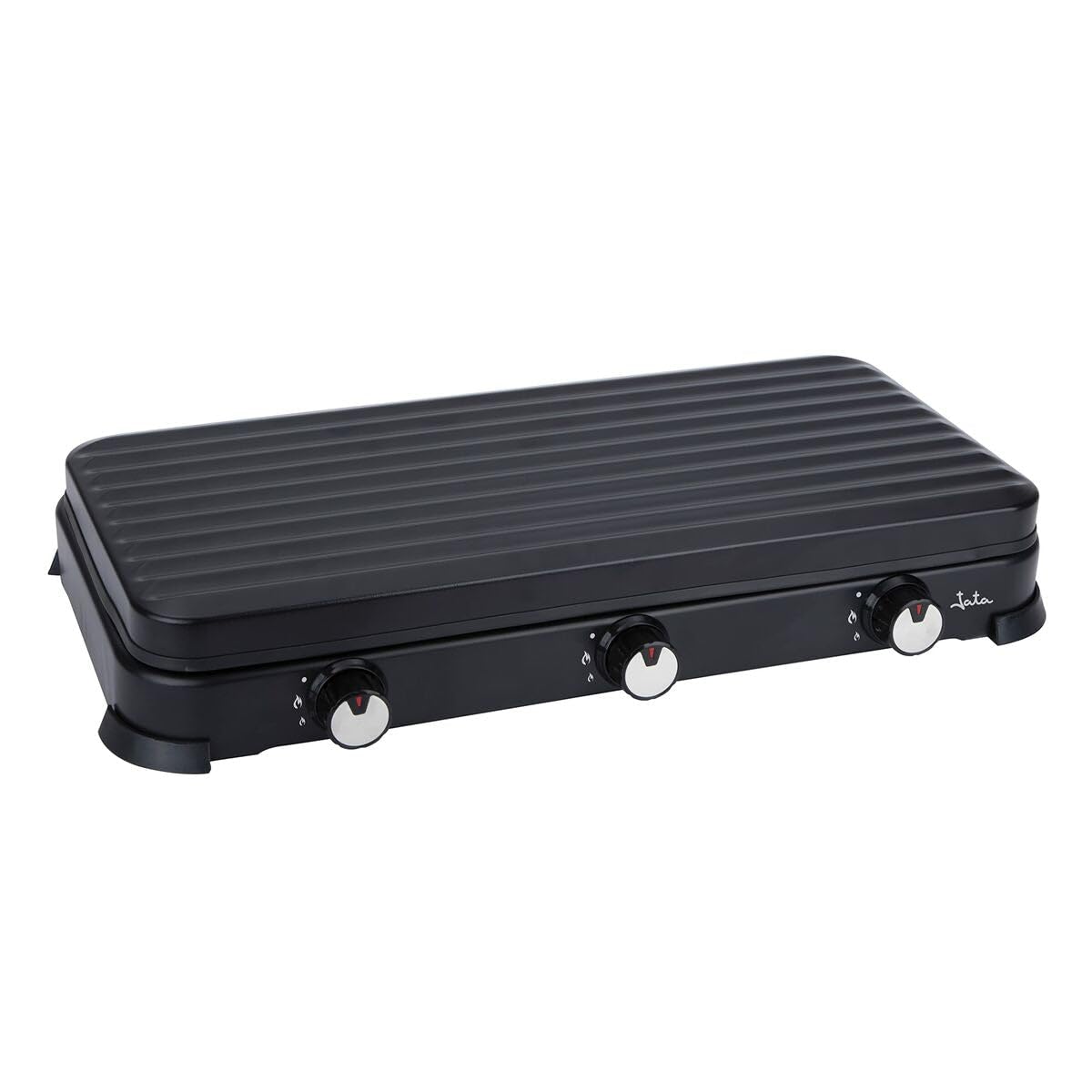 JATA JECG2703 Fornello a gas portatile a 3 fuochi con grill, sicuro per butano e propano con coperchio protettivo rimovibile, ideale per il campeggio