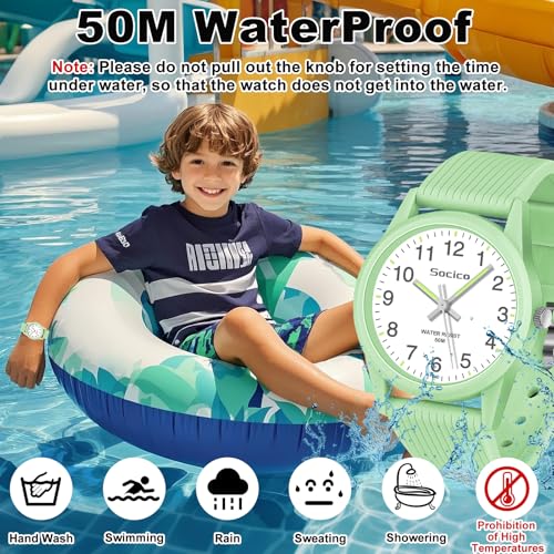 SOCICO Kids Analog Watch for Boys Girls, Easy to Read Learning Time Watch, 50M Waterproof, Soft Band Wristwatch for Ages 4-12, Great Gift for Children2
