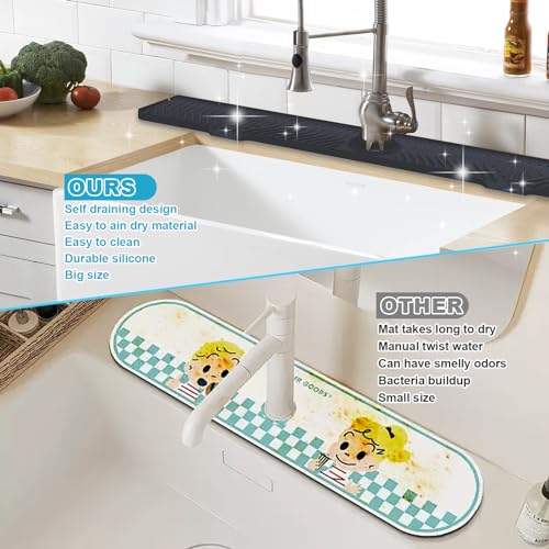 Image of Derlights 33 inch Sink Splash Guard Mat, Silicone Faucet Handle Drip Catcher Tray, Longer Silicone Sink Mat for KitchenBathroom, Drip Protector Splash Countertop (Black)