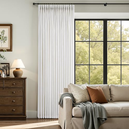 112 Inch Pinch Pleated Linen Curtains for Living Room 2 Panels Semi Sheer Light Filtering Cream Ivory Beige Pinch Pleat Window Drapes 112 Inches Thick Flax Pleated Curtains Privacy for Track System