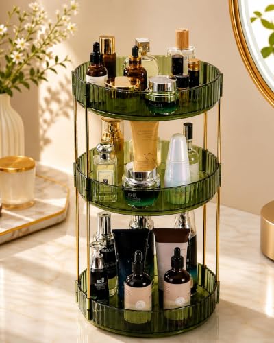 Image of MECHDEL Makeup Organiser Box with Drawers, Perfume, Cosmetic and Skincare Storage Stand, Dressing Table Organiser for Lipstick, Nail Polish (360 Rotating-Transparent Green, 3 Tier)