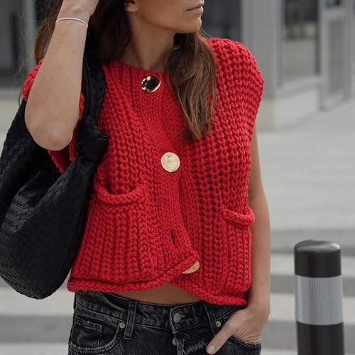 Image of Hixiaohe Womens Crochet Chunky Knit Top Sleeveless Button Down Crop Tops Trendy Cardigan Sweater Vest for Women with Pockets