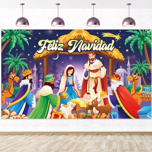 DPKOW Feliz Natal Bandeira para Reis Magos Belen Natal decoração, menino Jesus Deus nasceu bandeira de fundo para o Natal Reis Magos interior exterior varanda decoração, 185 * 110 cm