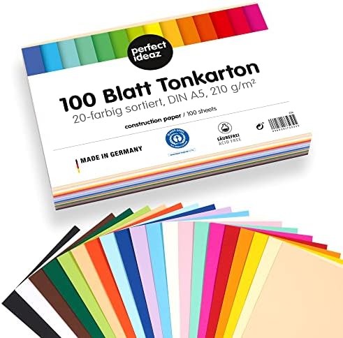 perfect ideaz 100 arkuszy papieru kartonowego DIN-A5, tektura DIY, barwiona w masie, w 20 różnych kolorach, gramatura 210 g/m², arkusze wysokiej jakości