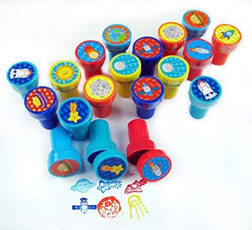 Tiny Mills 24 Pcs Outer Space Stampers for Kids Party Favor Goodie Bag Stuffers Pinata Fillers Classroom Rewards Carnival Prizes Rocket Space Galaxy Party Supplies Sunday School Rewards